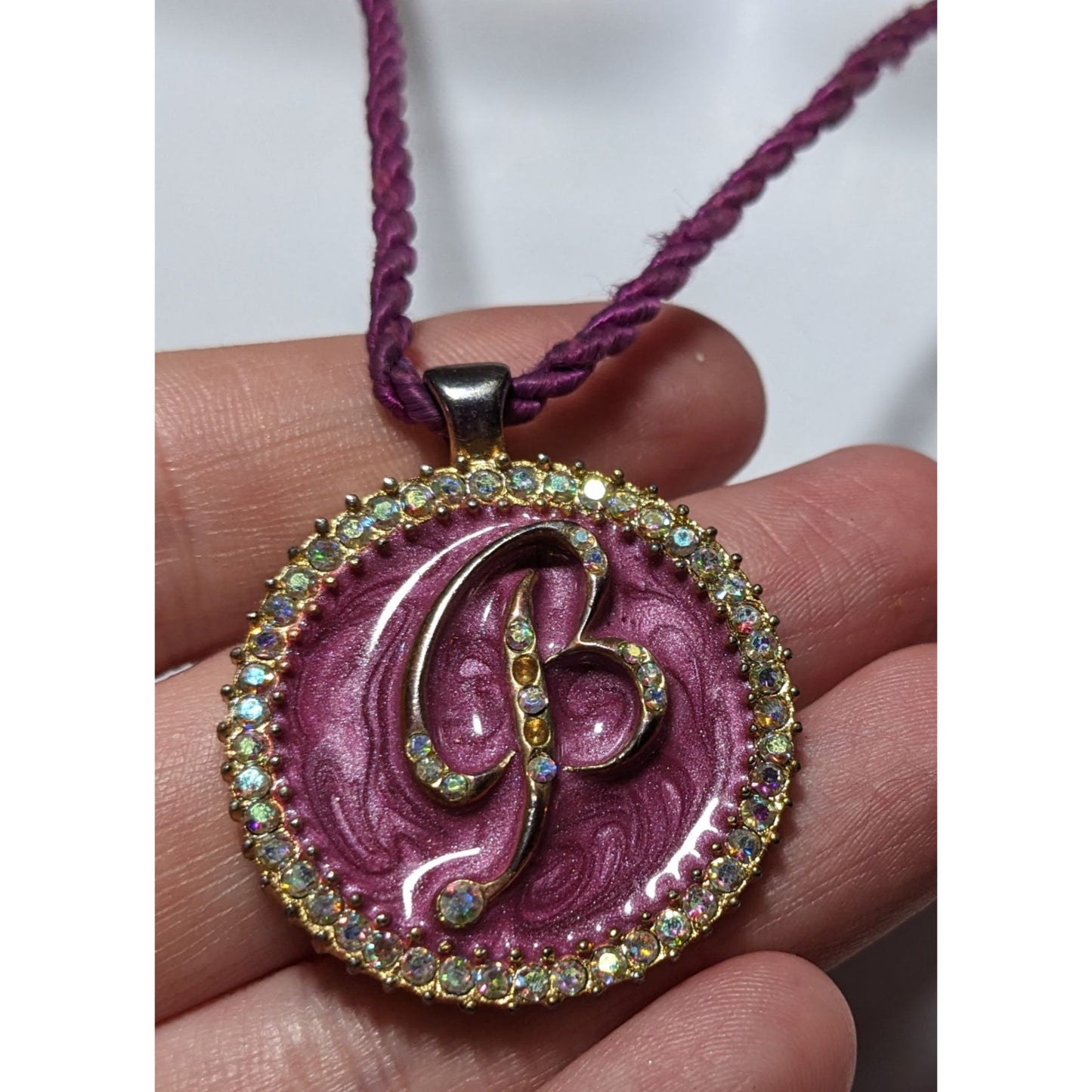 Purple Enamel Rhinestone B Medallion Necklace