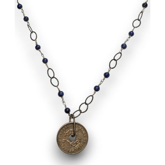 Whimsigoth Antique Coin Blue Beaded Bronze Tone Necklace 20 Inch EUC