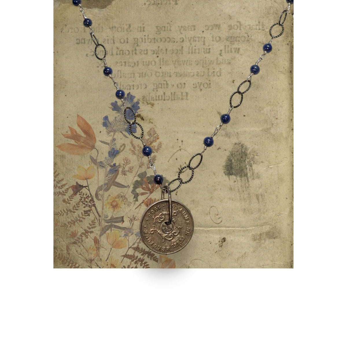 Whimsigoth Antique Coin Blue Beaded Bronze Tone Necklace 20 Inch EUC