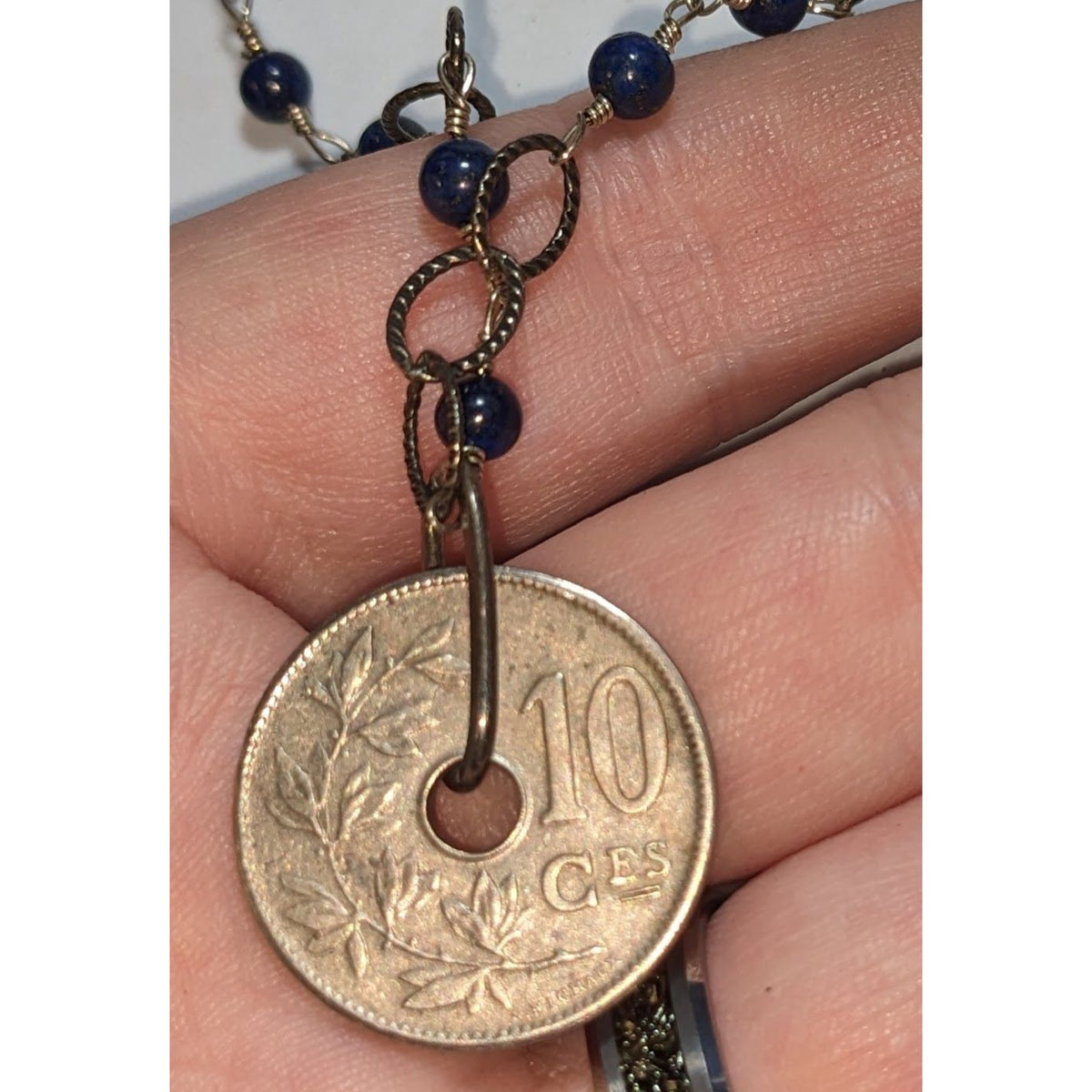 Whimsigoth Antique Coin Blue Beaded Bronze Tone Necklace 20 Inch EUC
