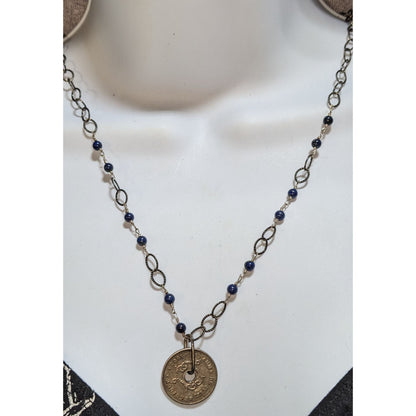 Whimsigoth Antique Coin Blue Beaded Bronze Tone Necklace 20 Inch EUC