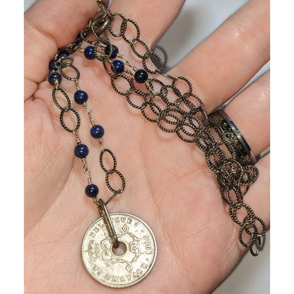 Whimsigoth Antique Coin Blue Beaded Bronze Tone Necklace 20 Inch EUC