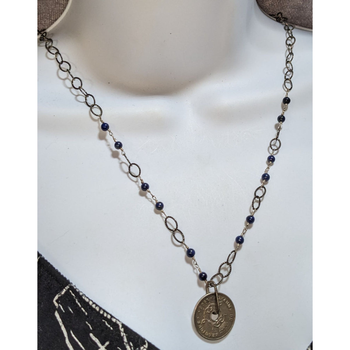 Whimsigoth Antique Coin Blue Beaded Bronze Tone Necklace 20 Inch EUC