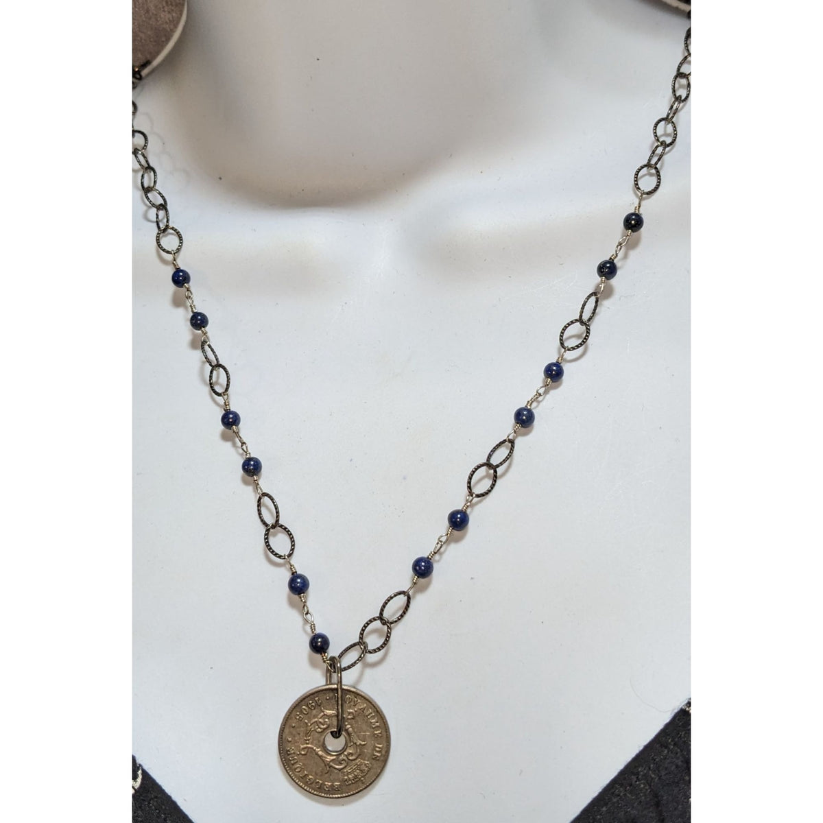 Whimsigoth Antique Coin Blue Beaded Bronze Tone Necklace 20 Inch EUC