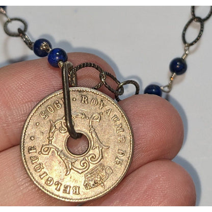 Whimsigoth Antique Coin Blue Beaded Bronze Tone Necklace 20 Inch EUC