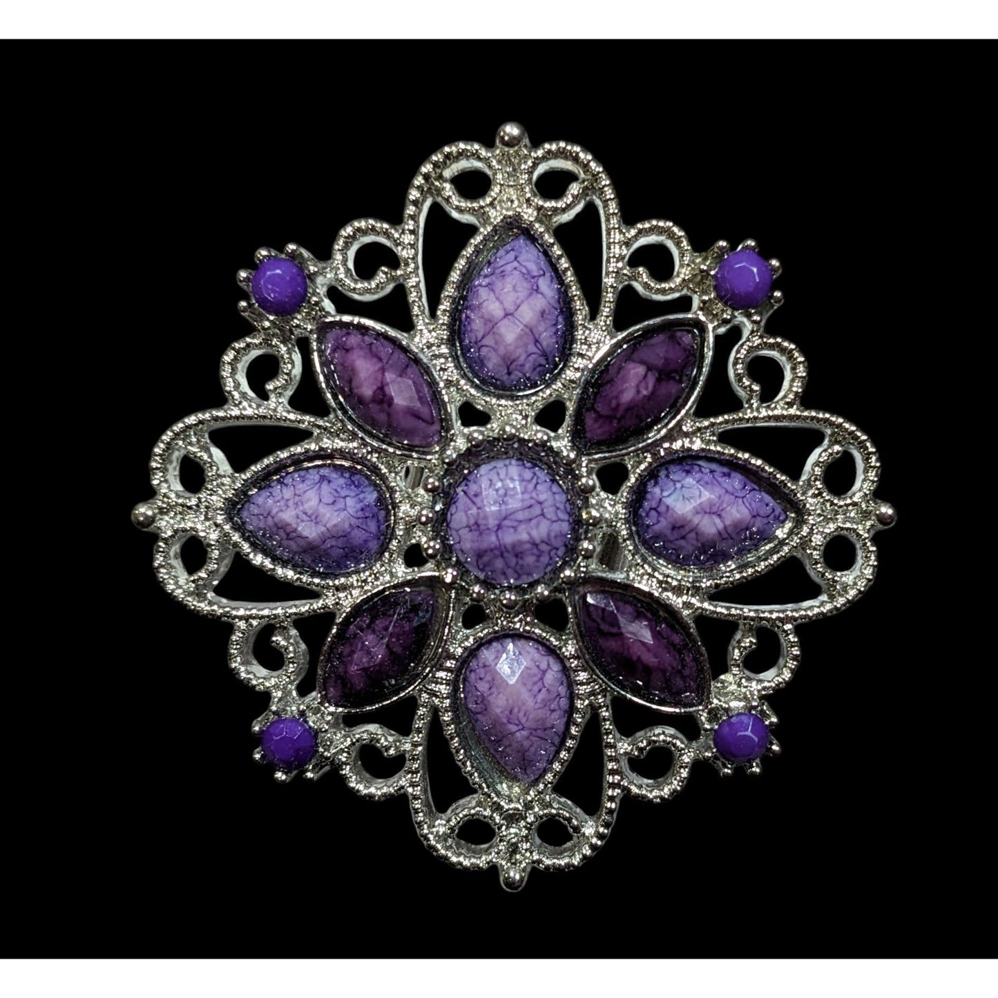 Fantasy Chunky Floral Silver Tone Ring With Purple Stones Adjustable Size 7