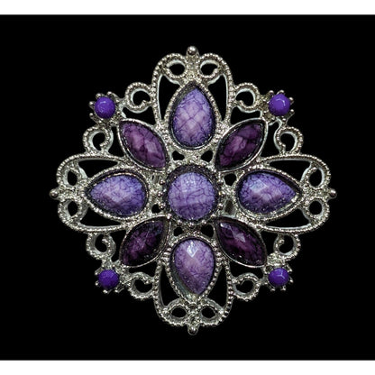 Fantasy Chunky Floral Silver Tone Ring With Purple Stones Adjustable Size 7