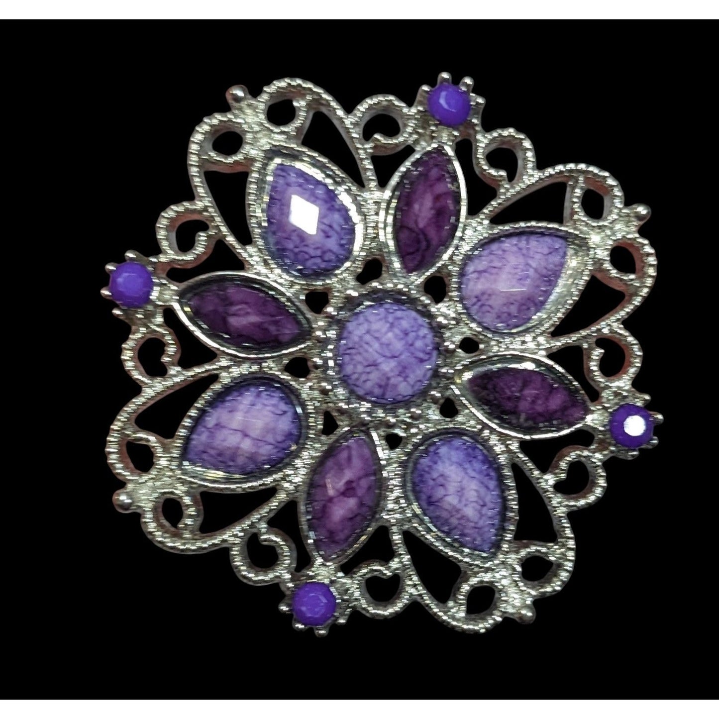 Fantasy Chunky Floral Silver Tone Ring With Purple Stones Adjustable Size 7