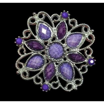 Fantasy Chunky Floral Silver Tone Ring With Purple Stones Adjustable Size 7
