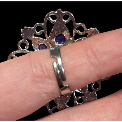 Fantasy Chunky Floral Silver Tone Ring With Purple Stones Adjustable Size 7