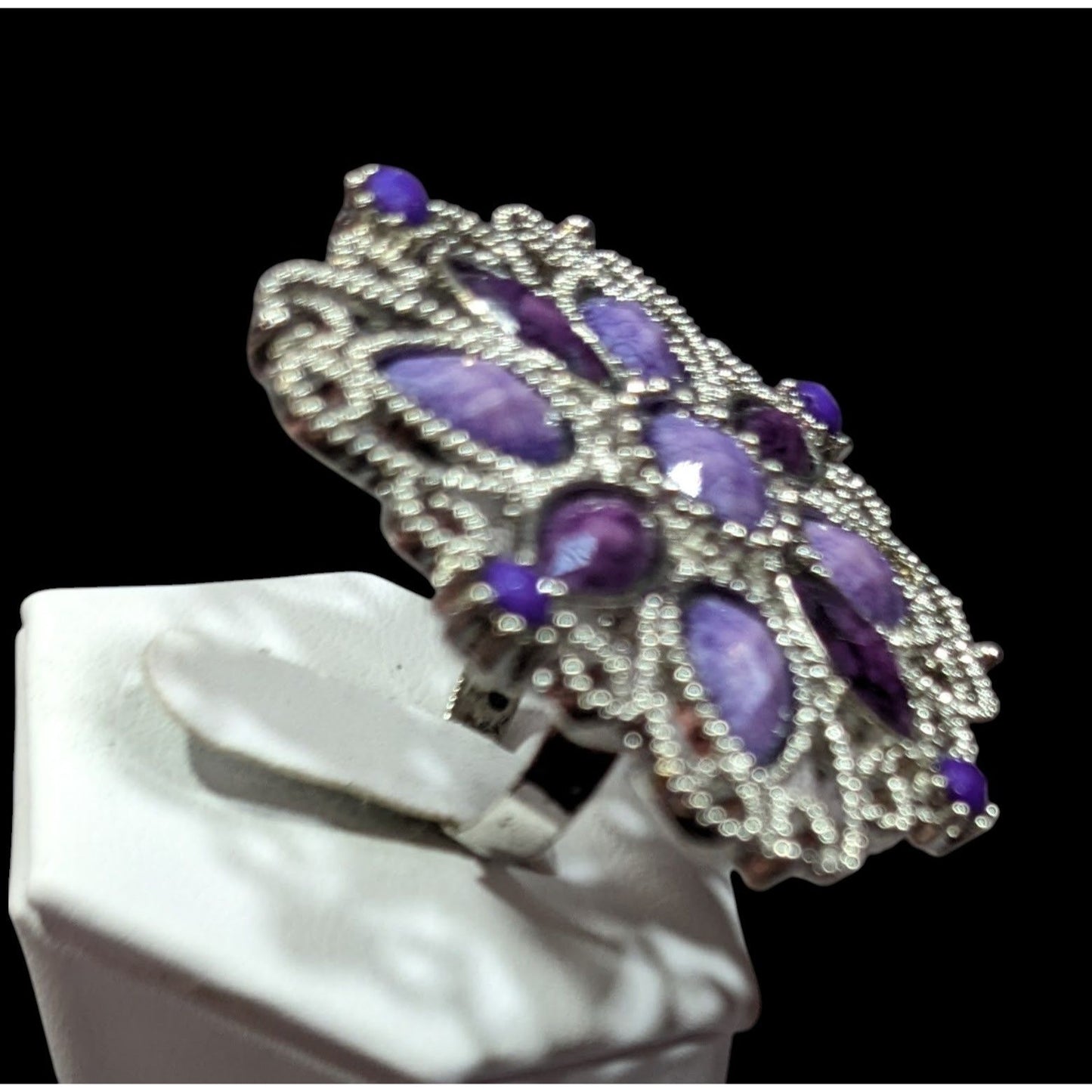 Fantasy Chunky Floral Silver Tone Ring With Purple Stones Adjustable Size 7