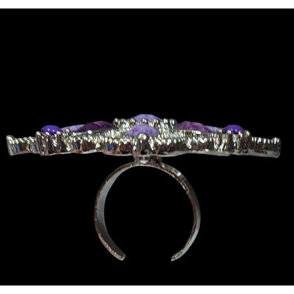 Fantasy Chunky Floral Silver Tone Ring With Purple Stones Adjustable Size 7