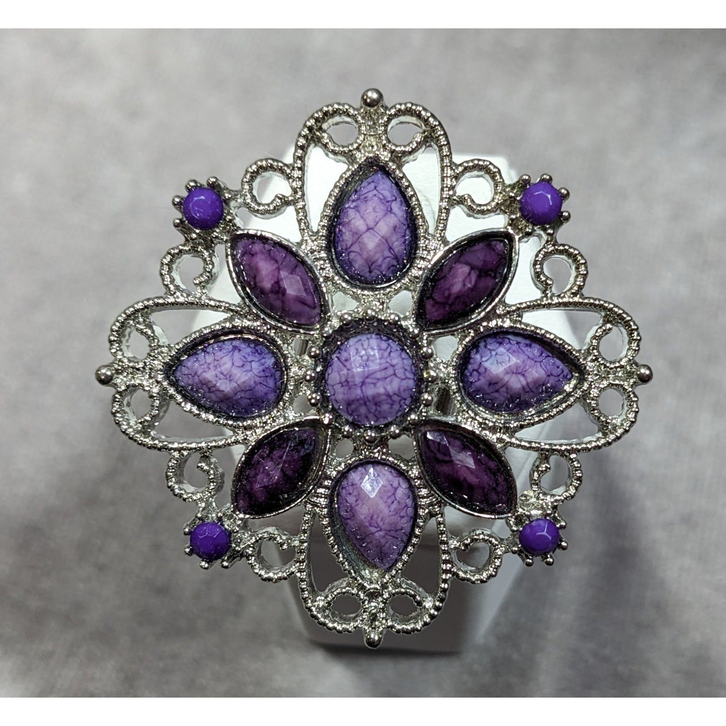 Fantasy Chunky Floral Silver Tone Ring With Purple Stones Adjustable Size 7
