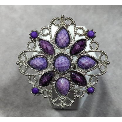 Fantasy Chunky Floral Silver Tone Ring With Purple Stones Adjustable Size 7