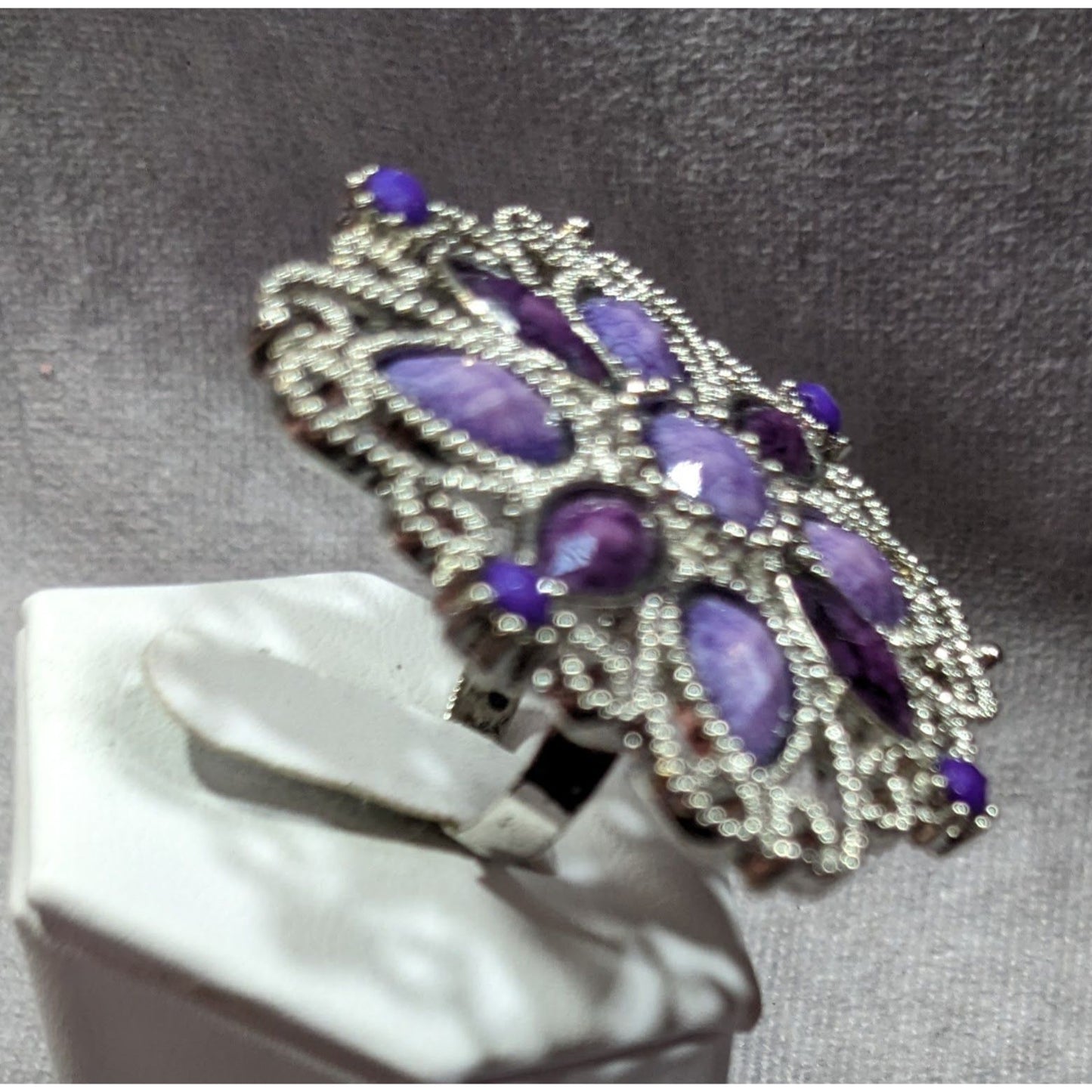 Fantasy Chunky Floral Silver Tone Ring With Purple Stones Adjustable Size 7