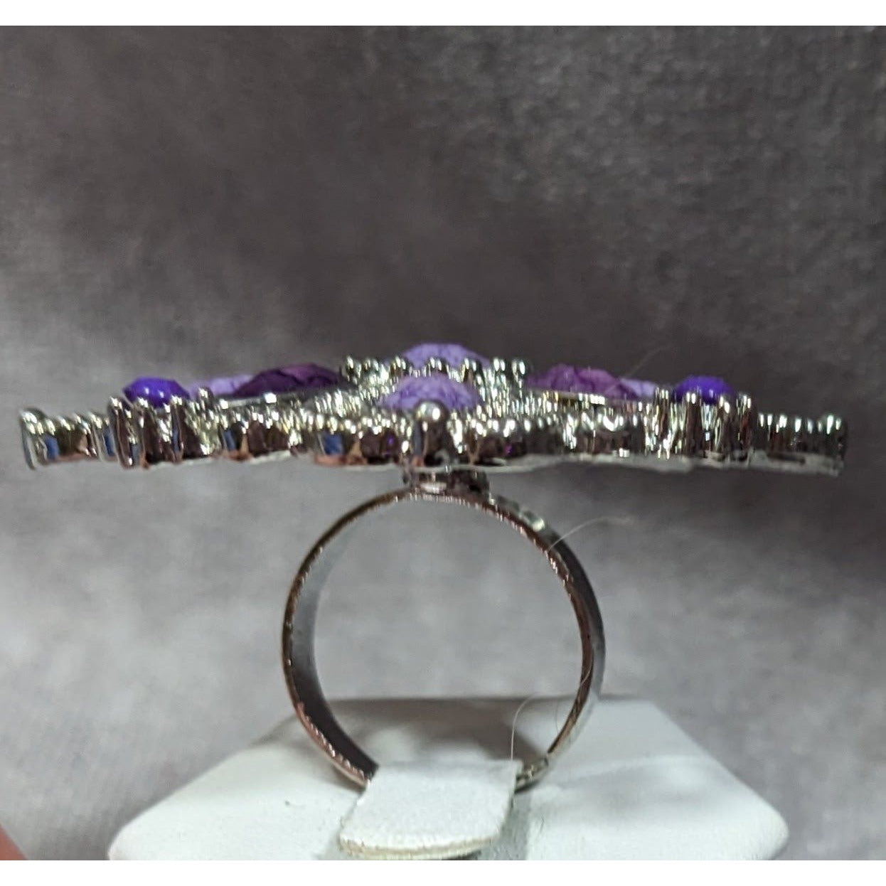Fantasy Chunky Floral Silver Tone Ring With Purple Stones Adjustable Size 7