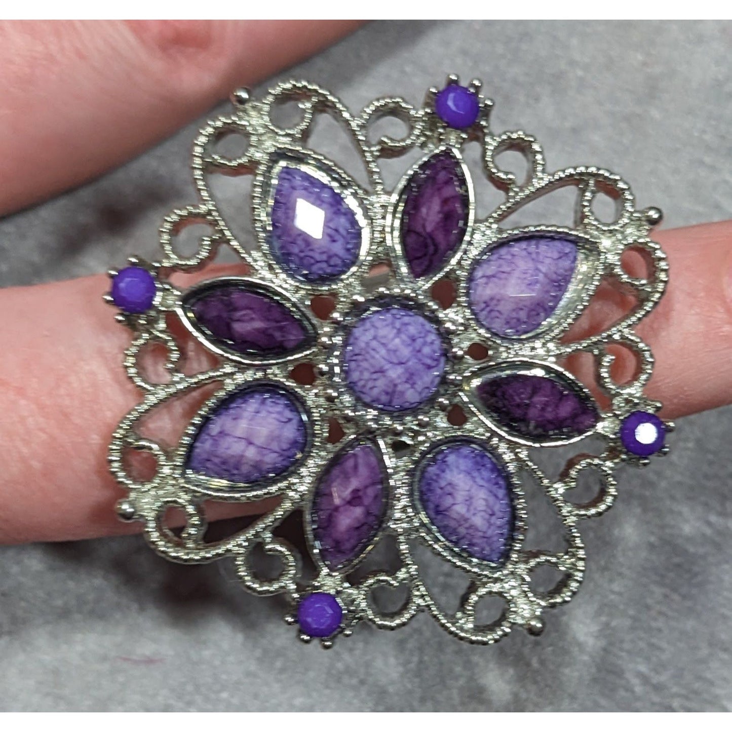 Fantasy Chunky Floral Silver Tone Ring With Purple Stones Adjustable Size 7