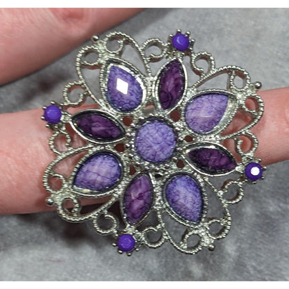 Fantasy Chunky Floral Silver Tone Ring With Purple Stones Adjustable Size 7