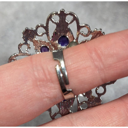 Fantasy Chunky Floral Silver Tone Ring With Purple Stones Adjustable Size 7