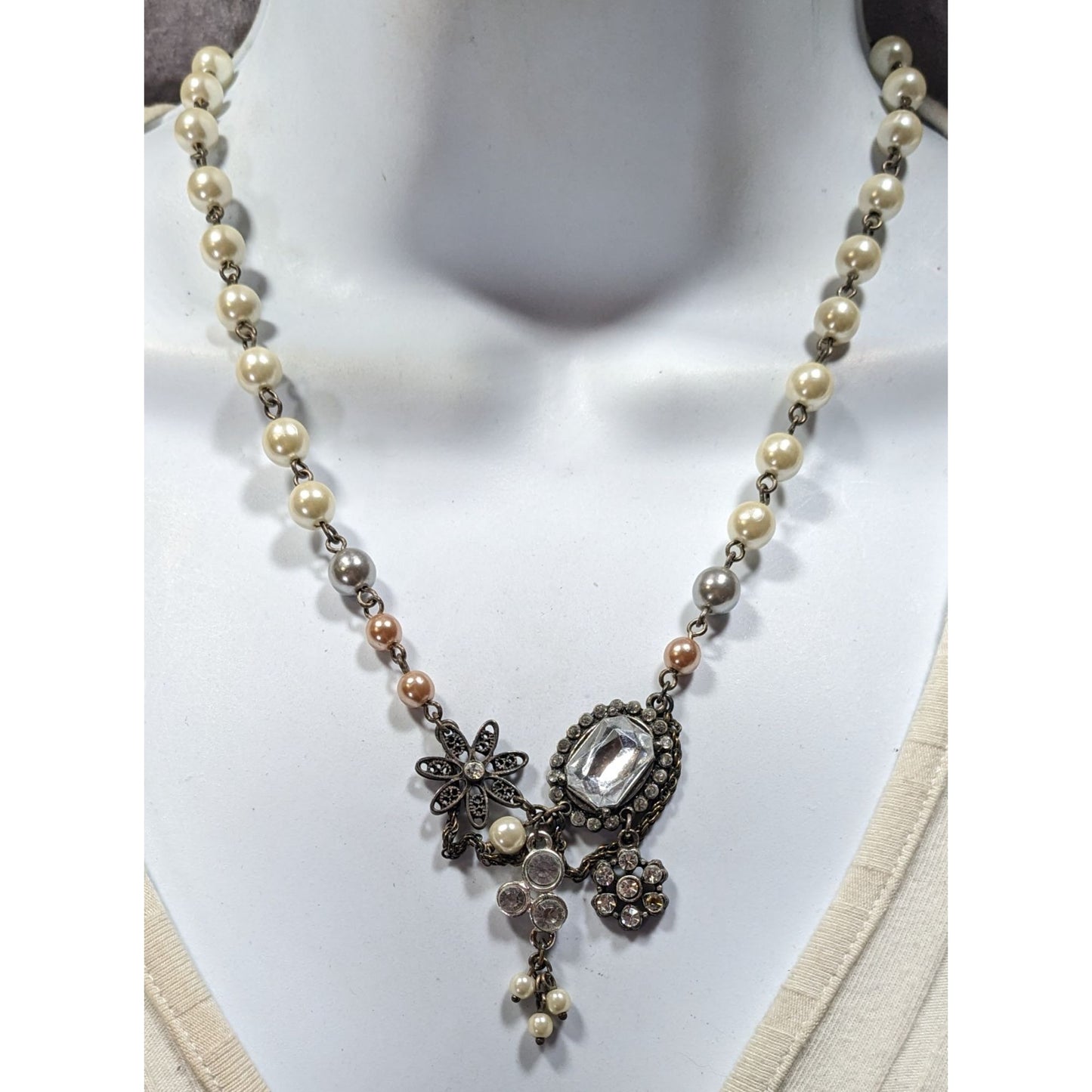 AEO Steampunk Faux Pearl Floral Gemmed Necklace