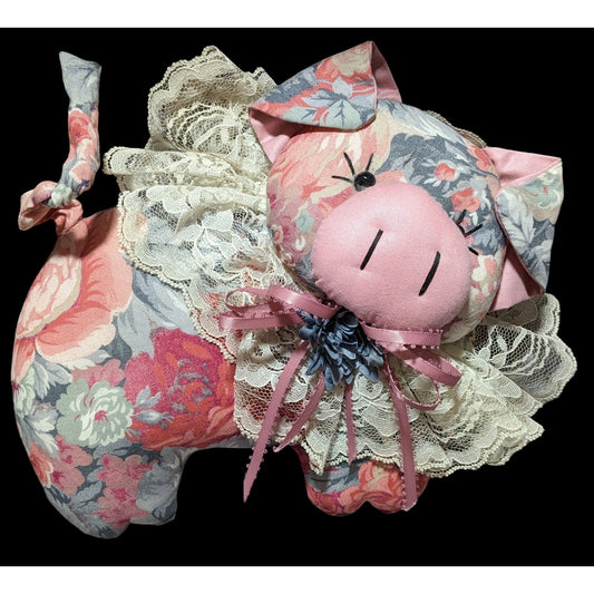 Vintage Cottagecore Floral Lace Pig Plushie