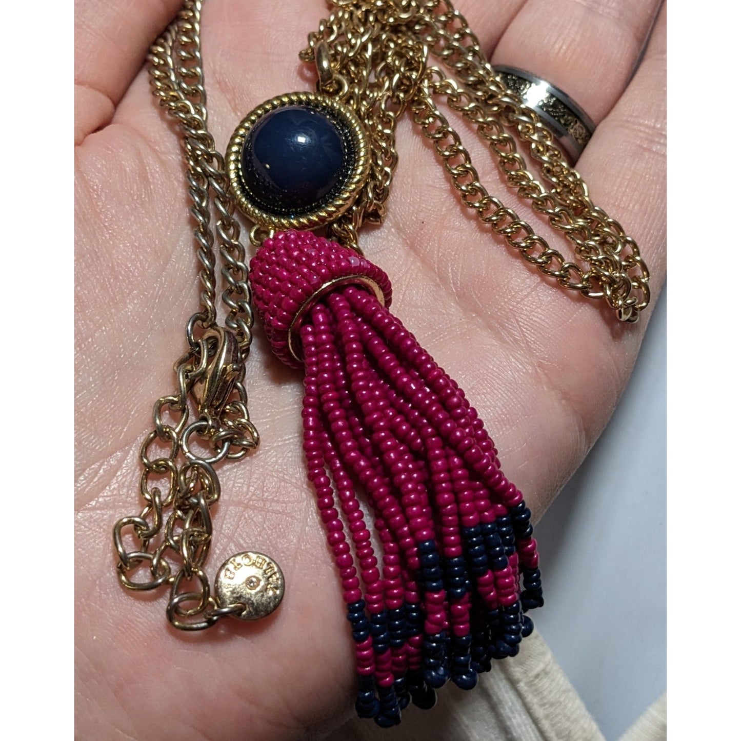 Talbots Pink And Blue Beaded Tassel Necklace