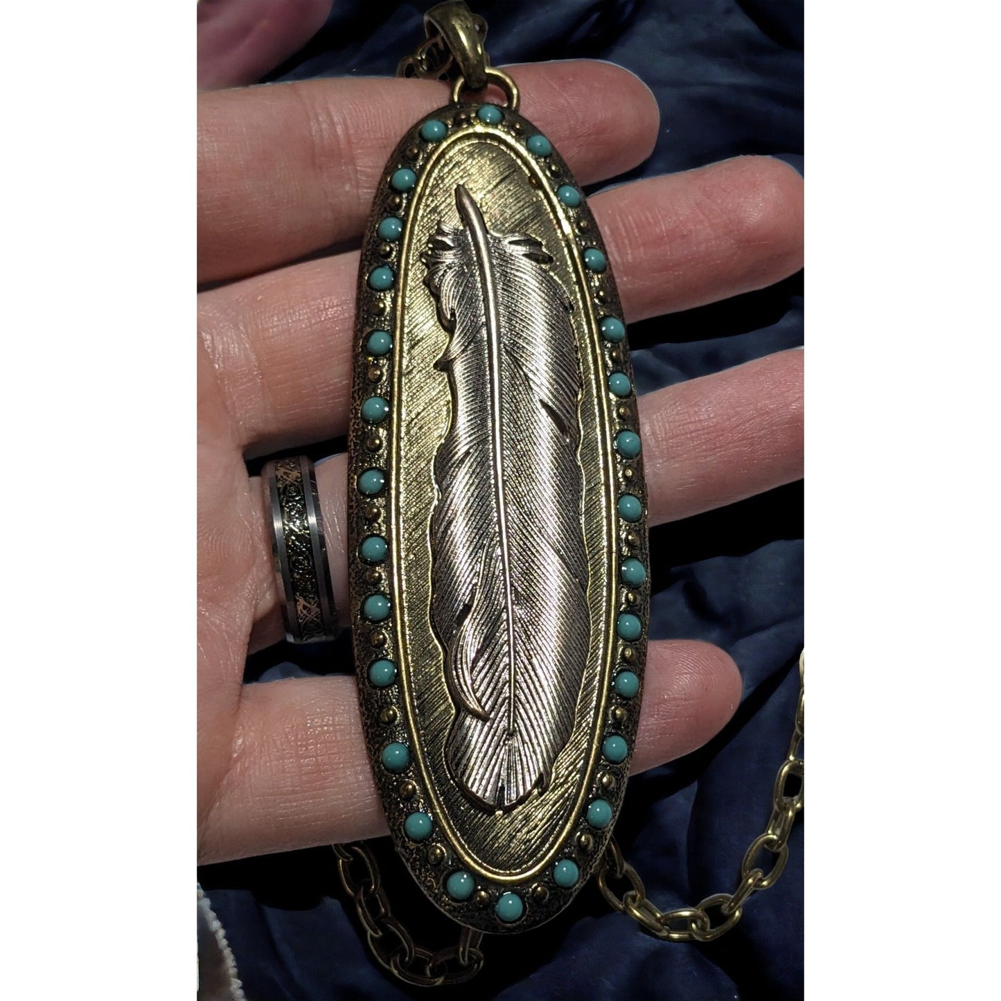 Bohemian Metal Turquoise Feather Pendant Necklace