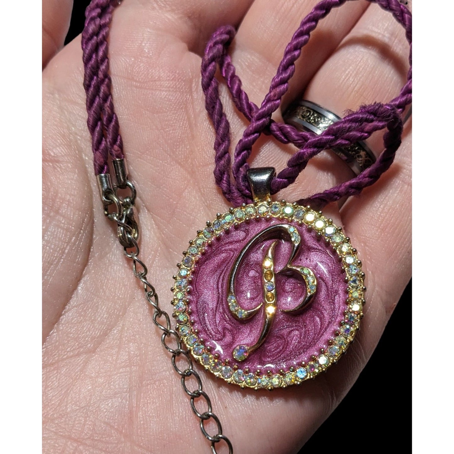 Purple Enamel Rhinestone B Medallion Necklace