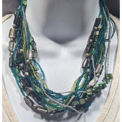 Coldwater Creek Mermaidcore Green And Blue Glass And Shell Layered Necklace