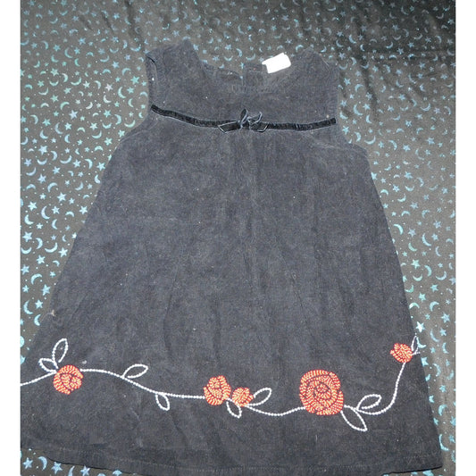 Girls Black Corduroy Jumper Dress With Red Floral Embroidery