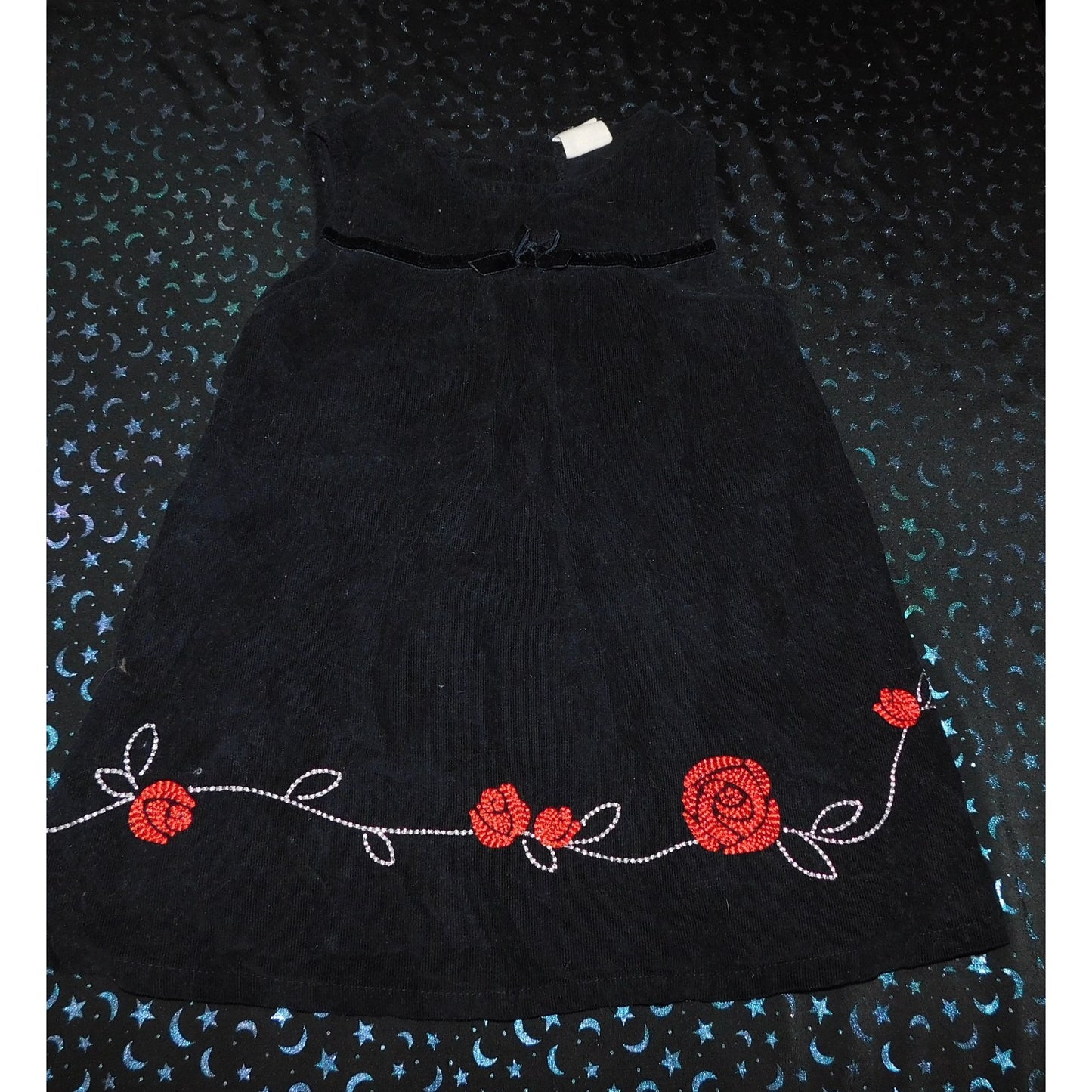 Girls Black Corduroy Jumper Dress With Red Floral Embroidery