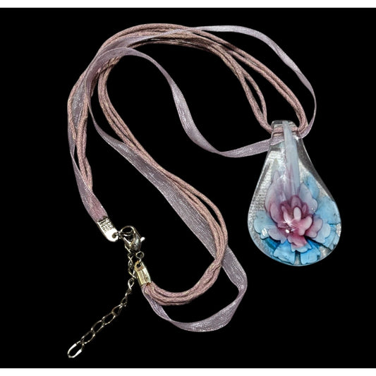 Cottagecore Art Glass Blue And Pink Floral Pendant Necklace