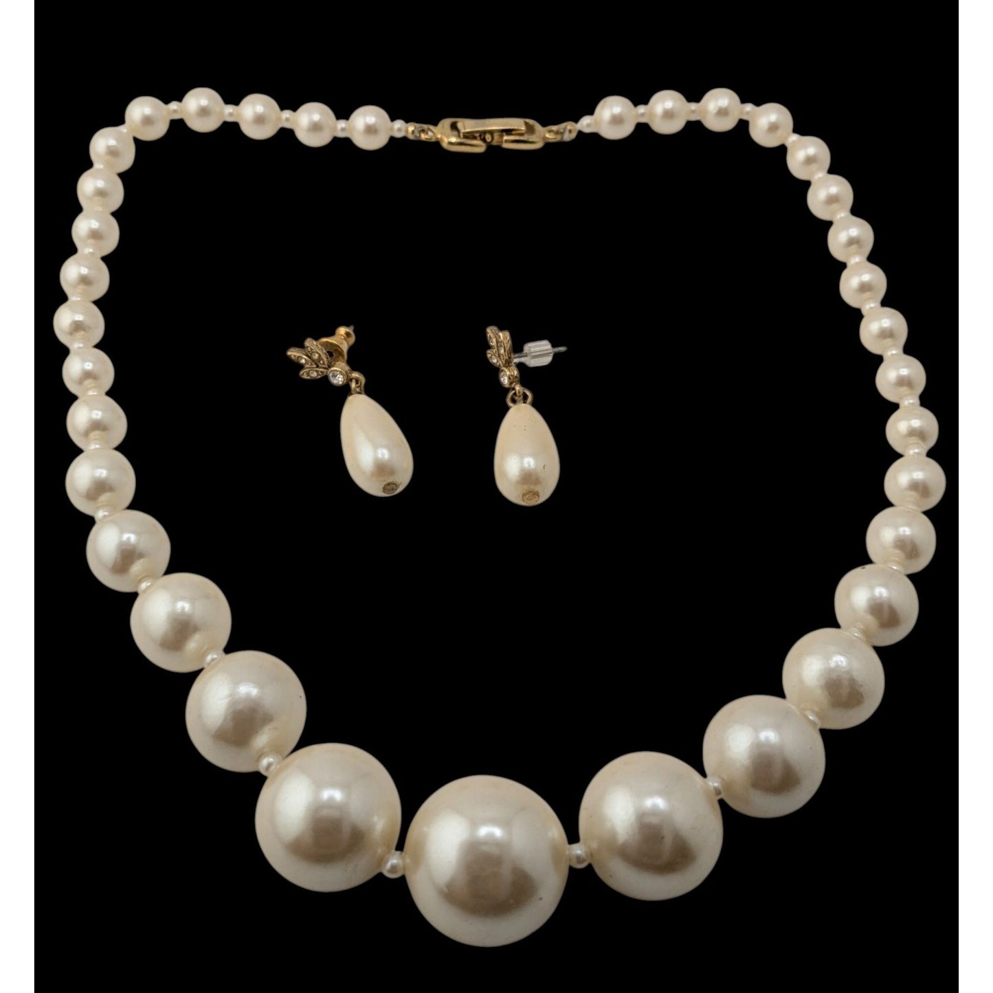 Vintage Faux Pearl Necklace & Earrings Set With Gold-Tone Details