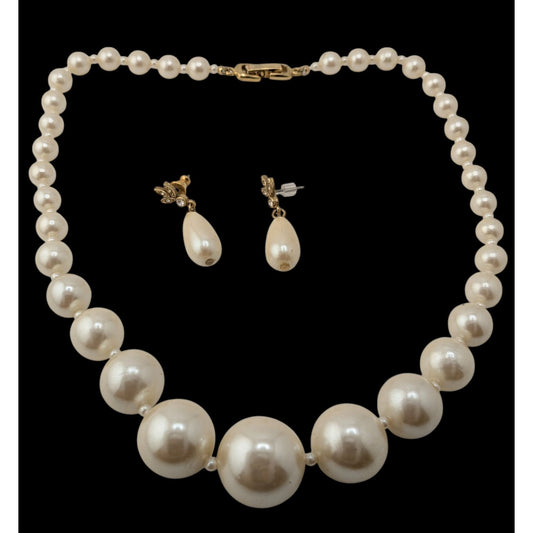 Vintage Faux Pearl Necklace & Earrings Set With Gold-Tone Details