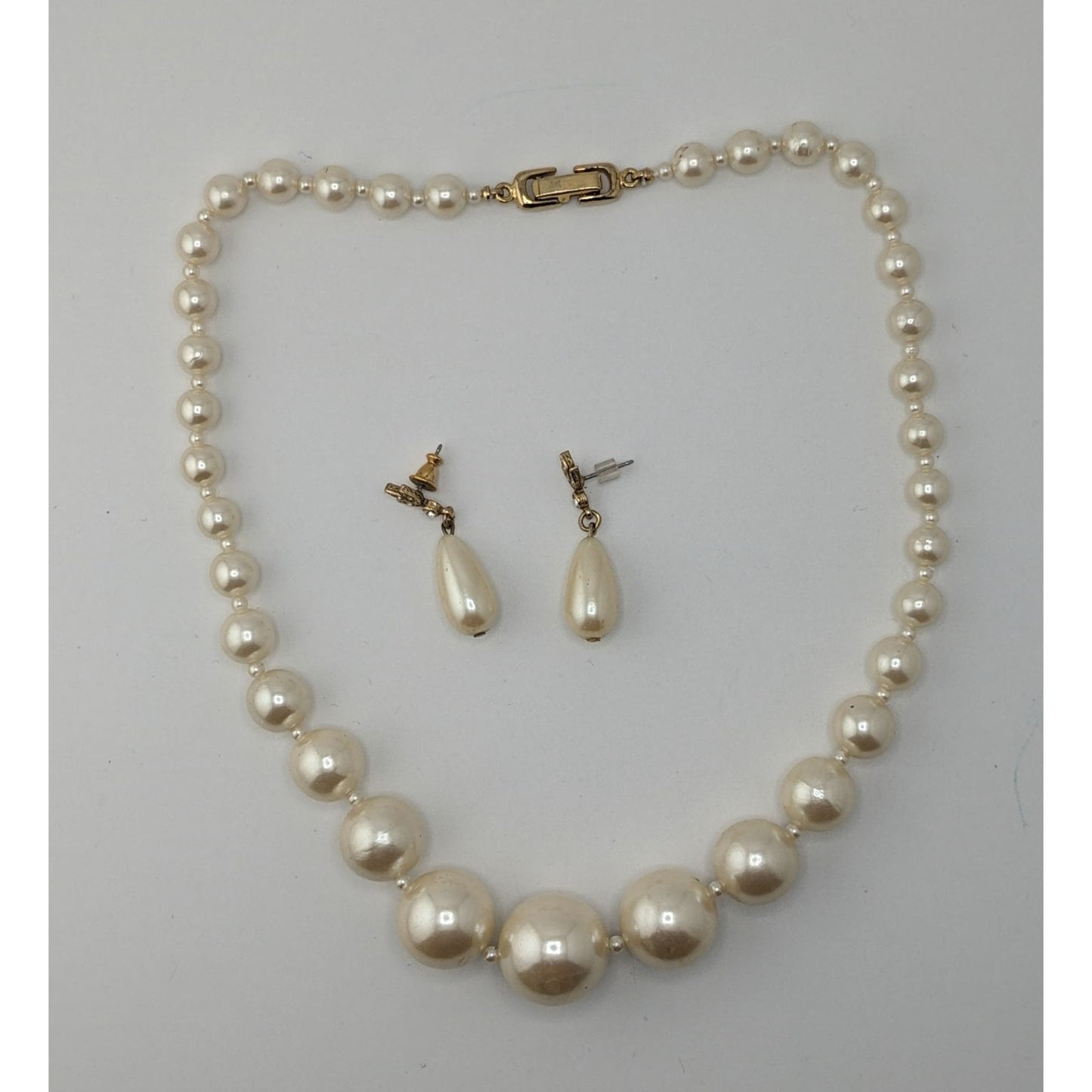 Vintage Faux Pearl Necklace & Earrings Set With Gold-Tone Details