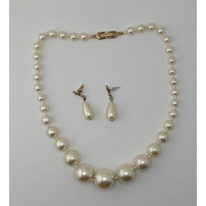 Vintage Faux Pearl Necklace & Earrings Set With Gold-Tone Details