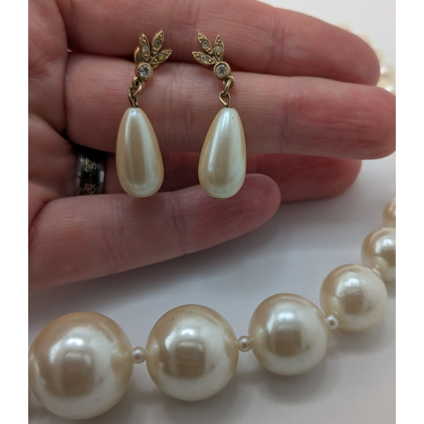 Vintage Faux Pearl Necklace & Earrings Set With Gold-Tone Details