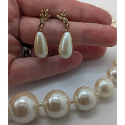 Vintage Faux Pearl Necklace & Earrings Set With Gold-Tone Details