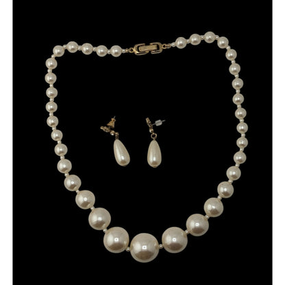 Vintage Faux Pearl Necklace & Earrings Set With Gold-Tone Details