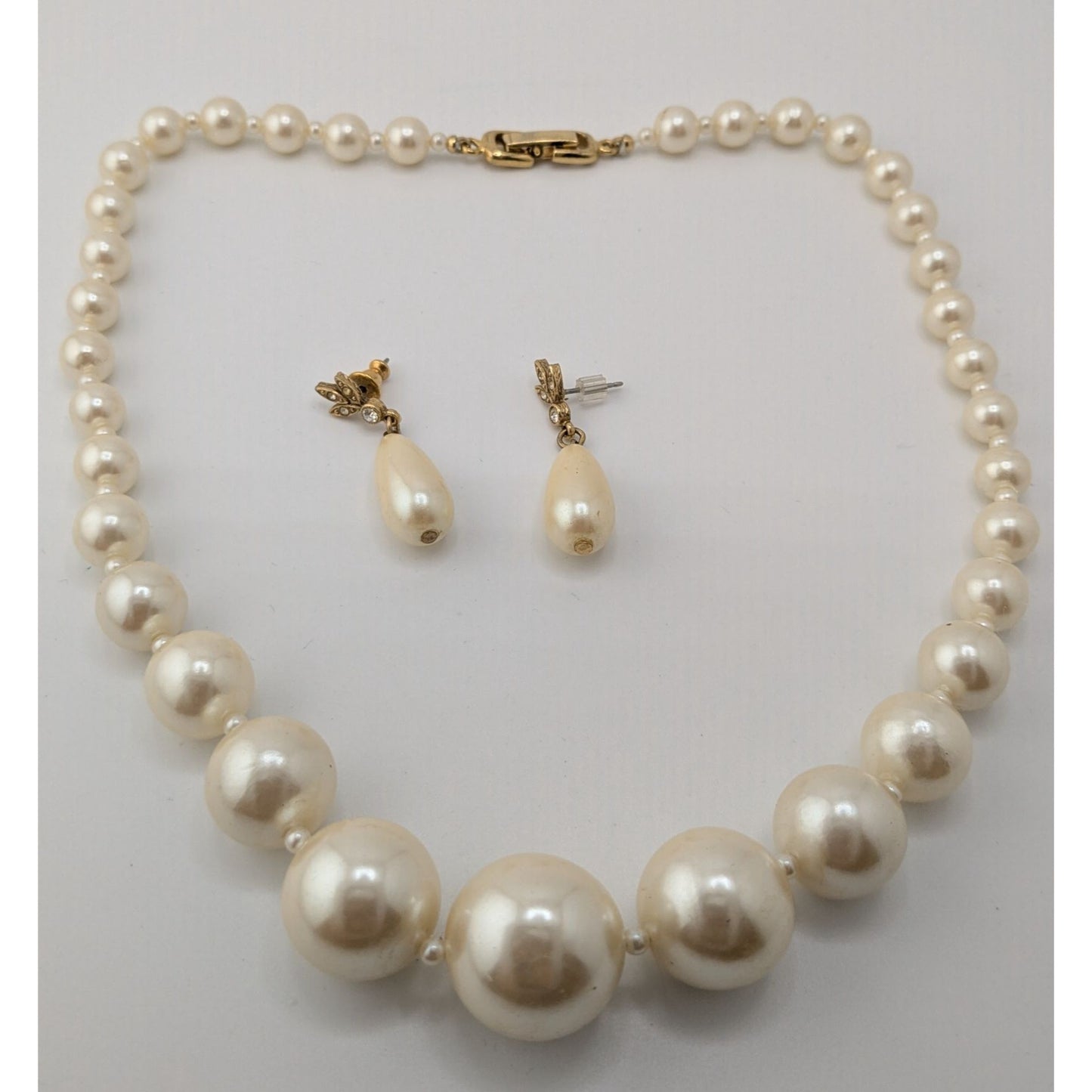 Vintage Faux Pearl Necklace & Earrings Set With Gold-Tone Details