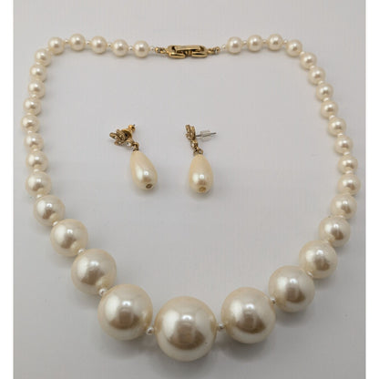 Vintage Faux Pearl Necklace & Earrings Set With Gold-Tone Details