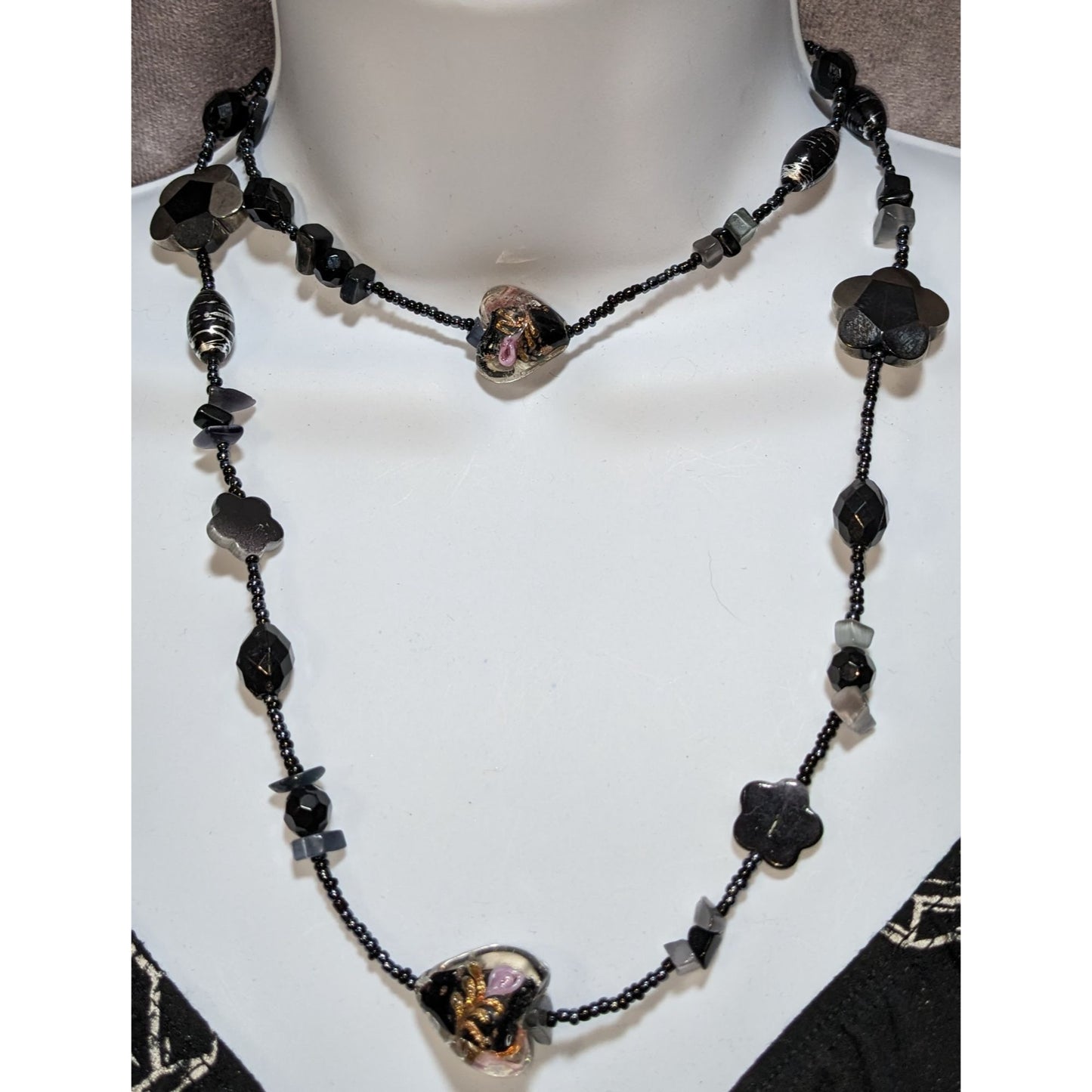 Gothic Glass Bead Necklace With Black & Floral Heart Accents