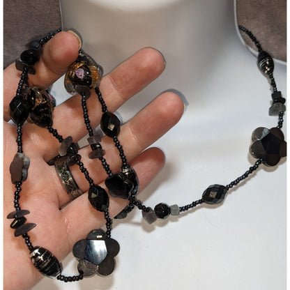 Gothic Glass Bead Necklace With Black & Floral Heart Accents