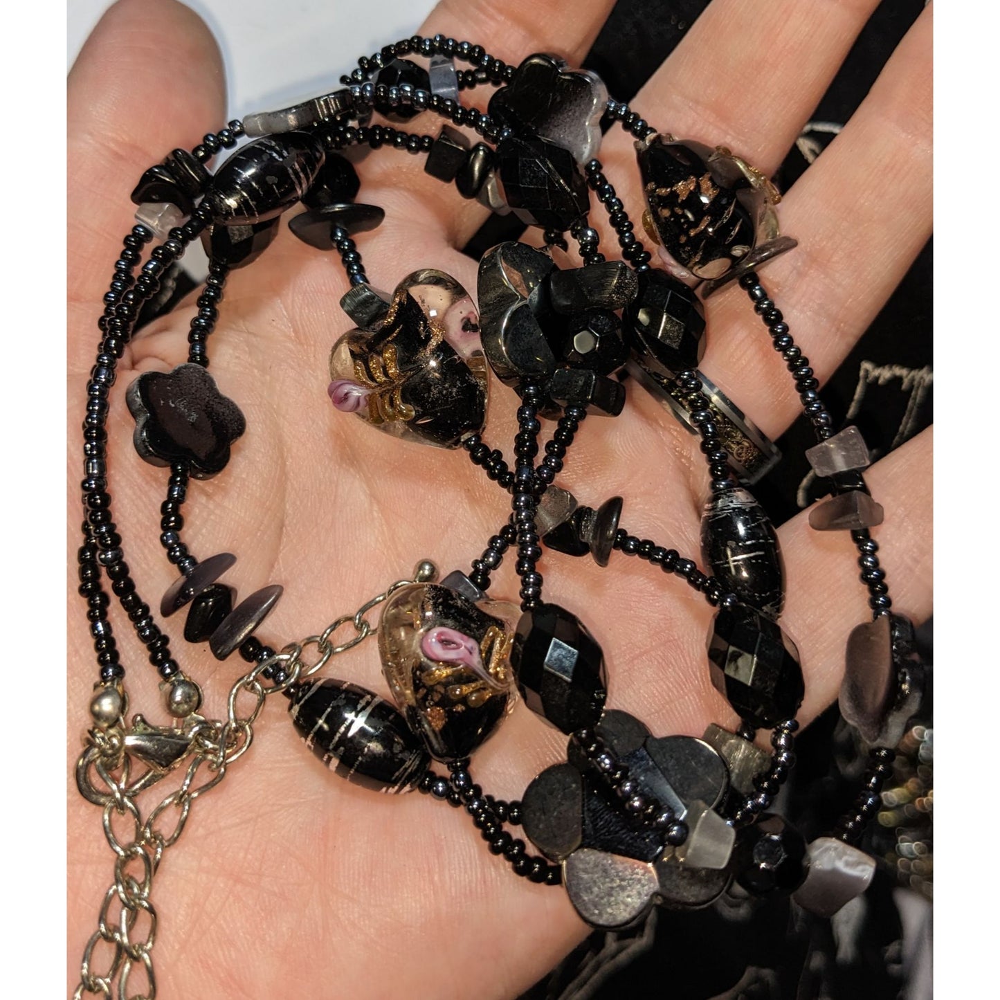 Gothic Glass Bead Necklace With Black & Floral Heart Accents