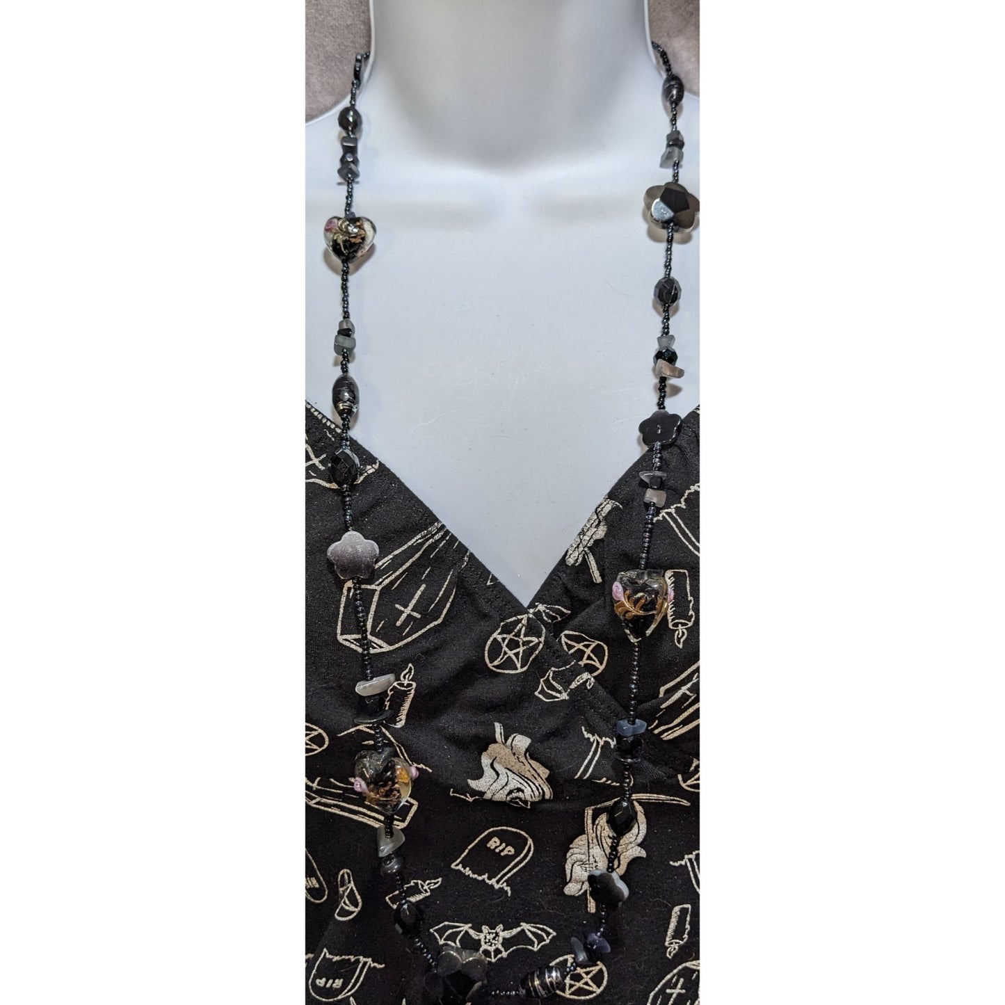 Gothic Glass Bead Necklace With Black & Floral Heart Accents