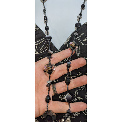 Gothic Glass Bead Necklace With Black & Floral Heart Accents