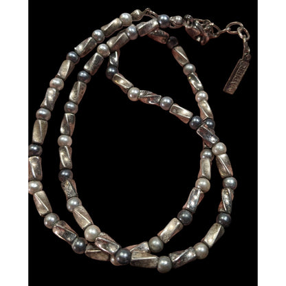 Napier Silver Tone Pearl And Metal Beaded Necklace