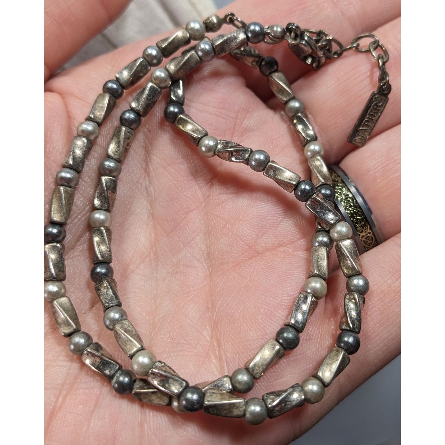 Napier Silver Tone Pearl And Metal Beaded Necklace