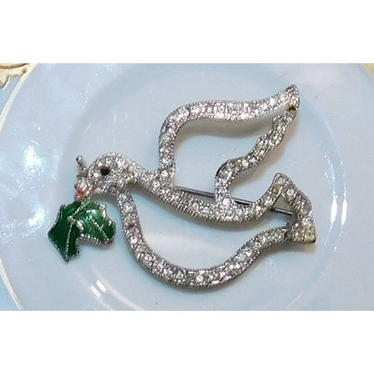 Vintage Dove Brooch Silver Tone With Rhinestones