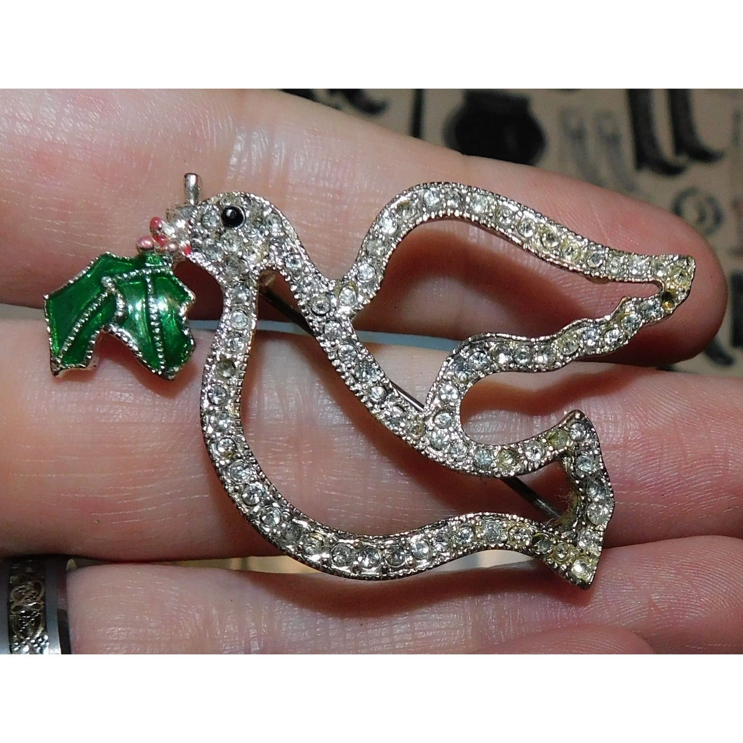 Vintage Dove Brooch Silver Tone With Rhinestones